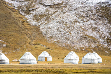 yurts in snowy pasture at Song Kul