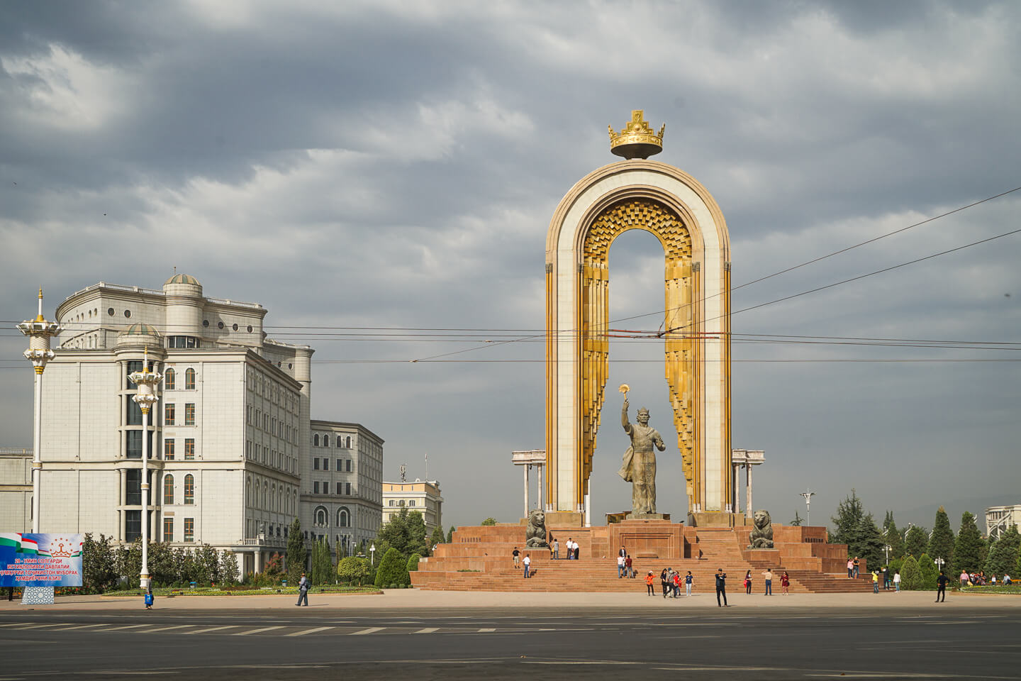 Dushanbe city center with golden statue of Ismail Somoni