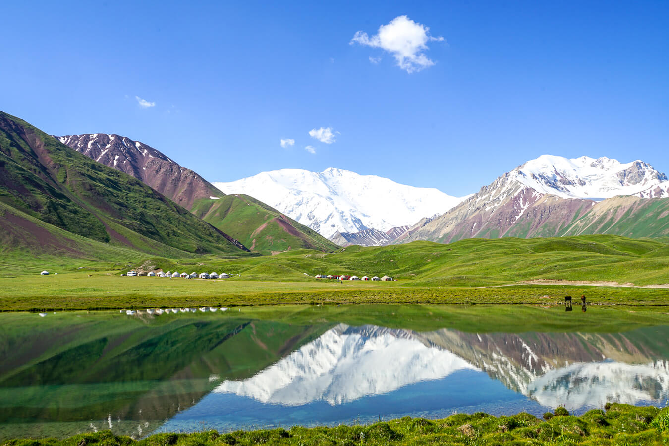 Tulparkul lake with yurts in Kyrgyzstan