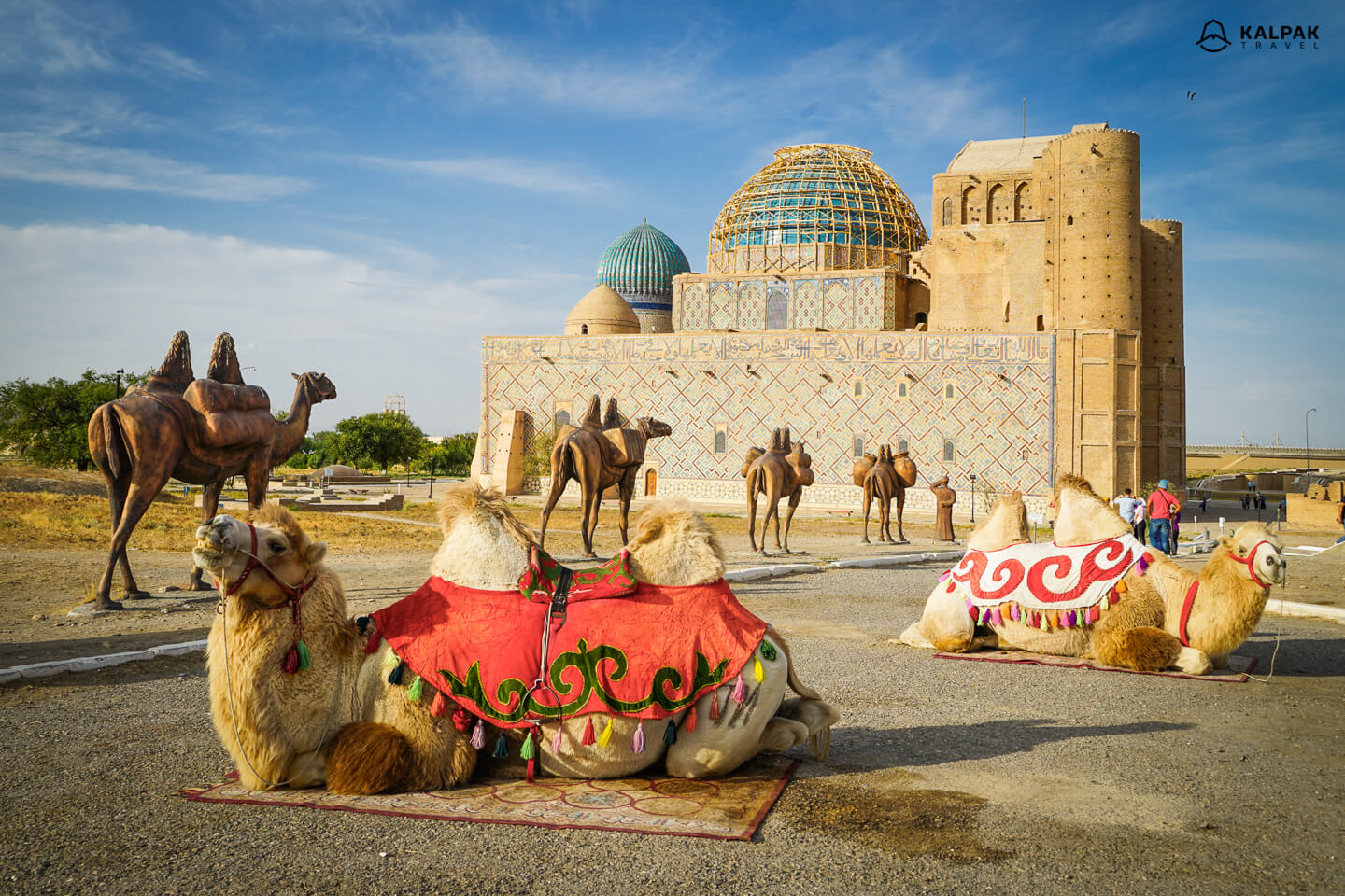 Turkistan mausoleum with camels like in Silk Road times