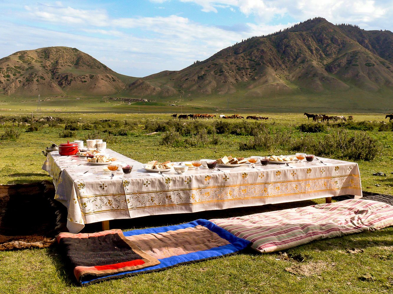 Table for breakfast in the mountains central Asia