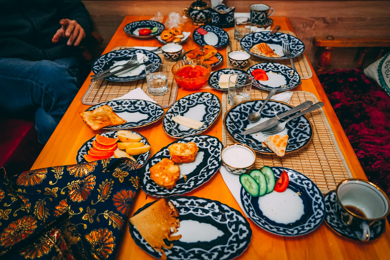 Table full of dishes in Central Asia