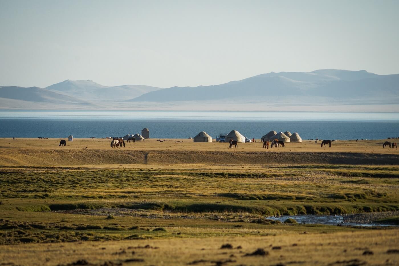 Song Kul lake in Kyrgyzstan with yurts